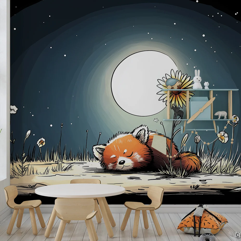 Tapeta dětského pokoje | Spící rudý panda pod měsícem s květinami