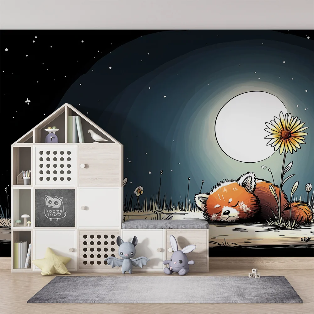 Tapeta dětského pokoje | Spící rudý panda pod měsícem s květinami