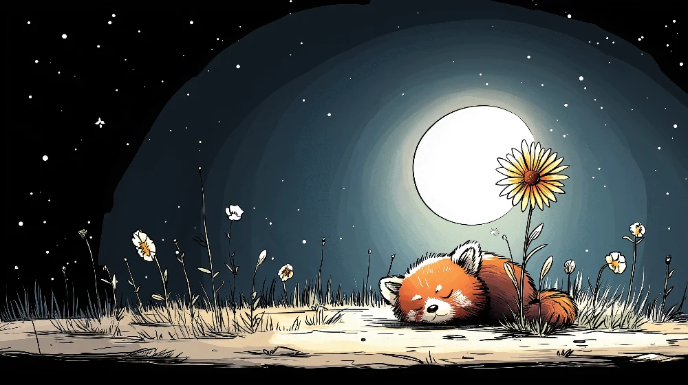 Tapeta dětského pokoje | Spící rudý panda pod měsícem s květinami