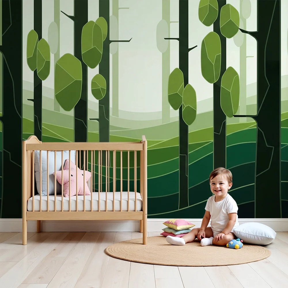 Tapeta dětského pokoje | Stylizovaný les se zelenými stromy uklidňujícími vlnami
