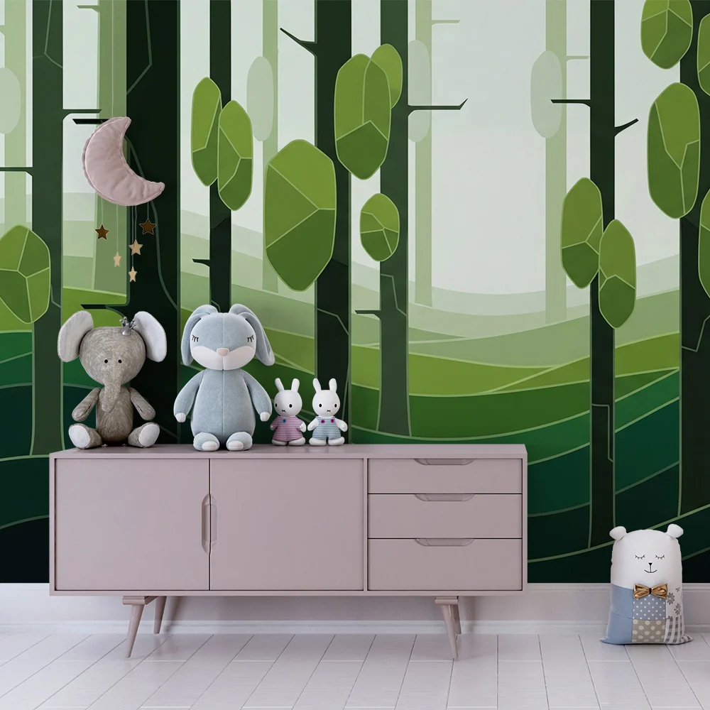 Tapeta dětského pokoje | Stylizovaný les se zelenými stromy uklidňujícími vlnami