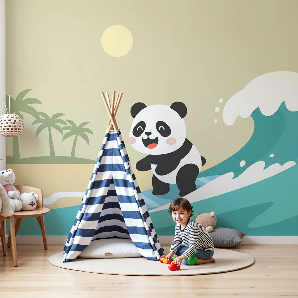 Tapeta dětského pokoje | Surfařský panda tropická pláž