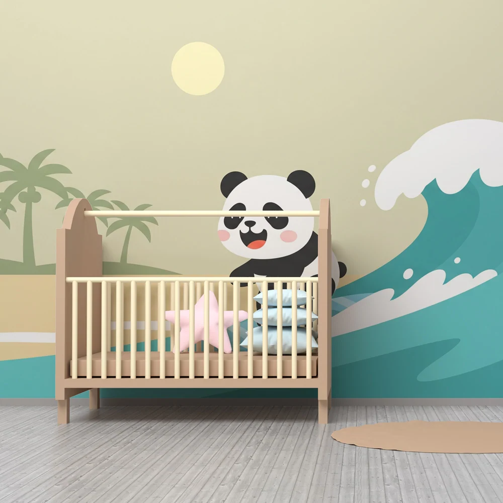 Tapeta dětského pokoje | Surfařský panda tropická pláž