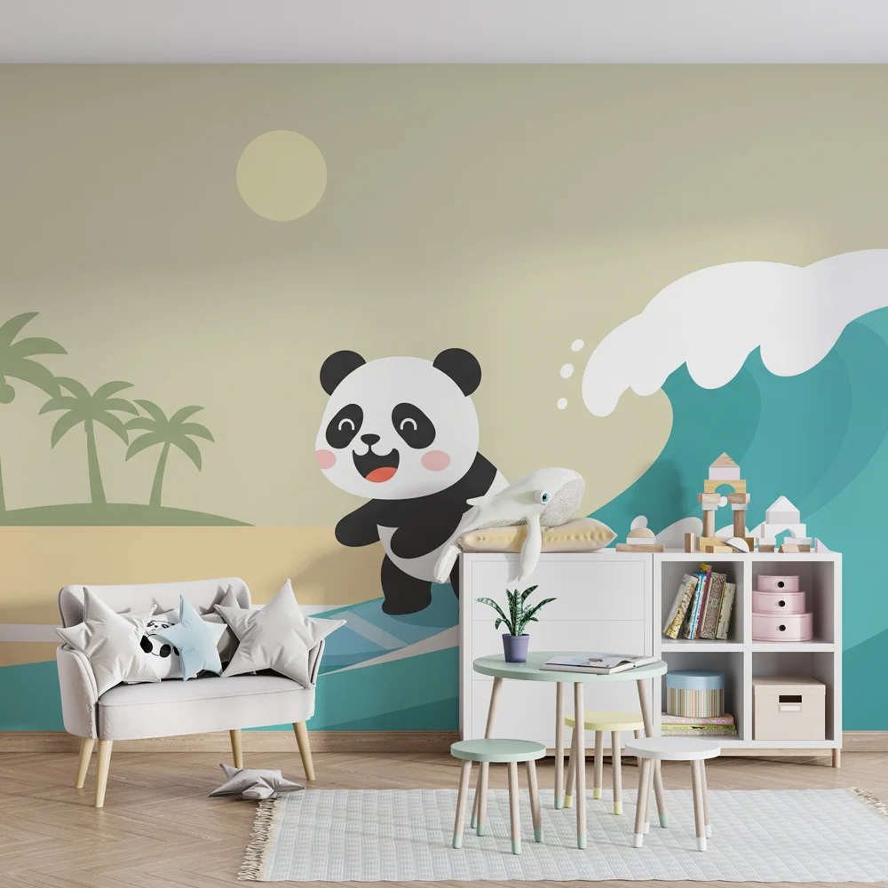 Tapeta dětského pokoje | Surfařský panda tropická pláž