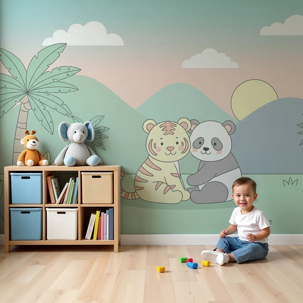 Tapeta dětského pokoje | Tygr panda v uklidňující tropické krajině