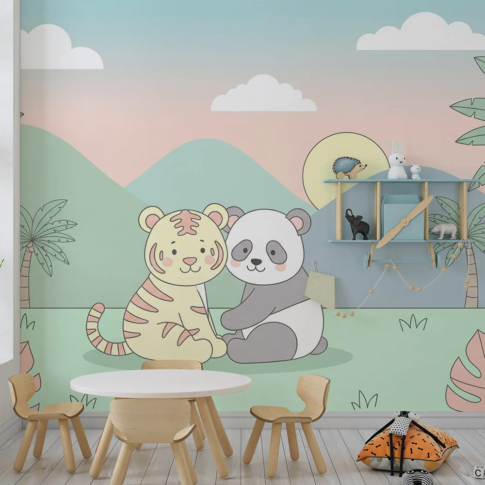 Tapeta dětského pokoje | Tygr panda v uklidňující tropické krajině