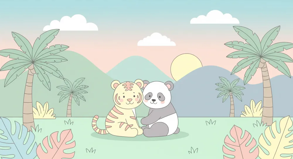 Tapeta dětského pokoje | Tygr panda v uklidňující tropické krajině