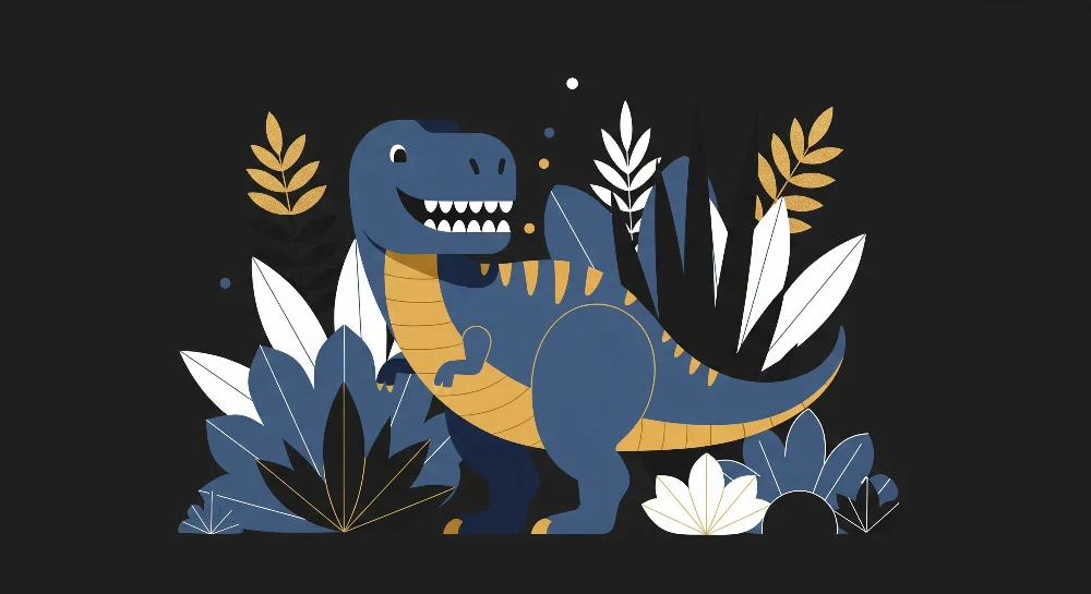 Tapeta dětského pokoje | Veselý dinosaurus uprostřed moderních listů