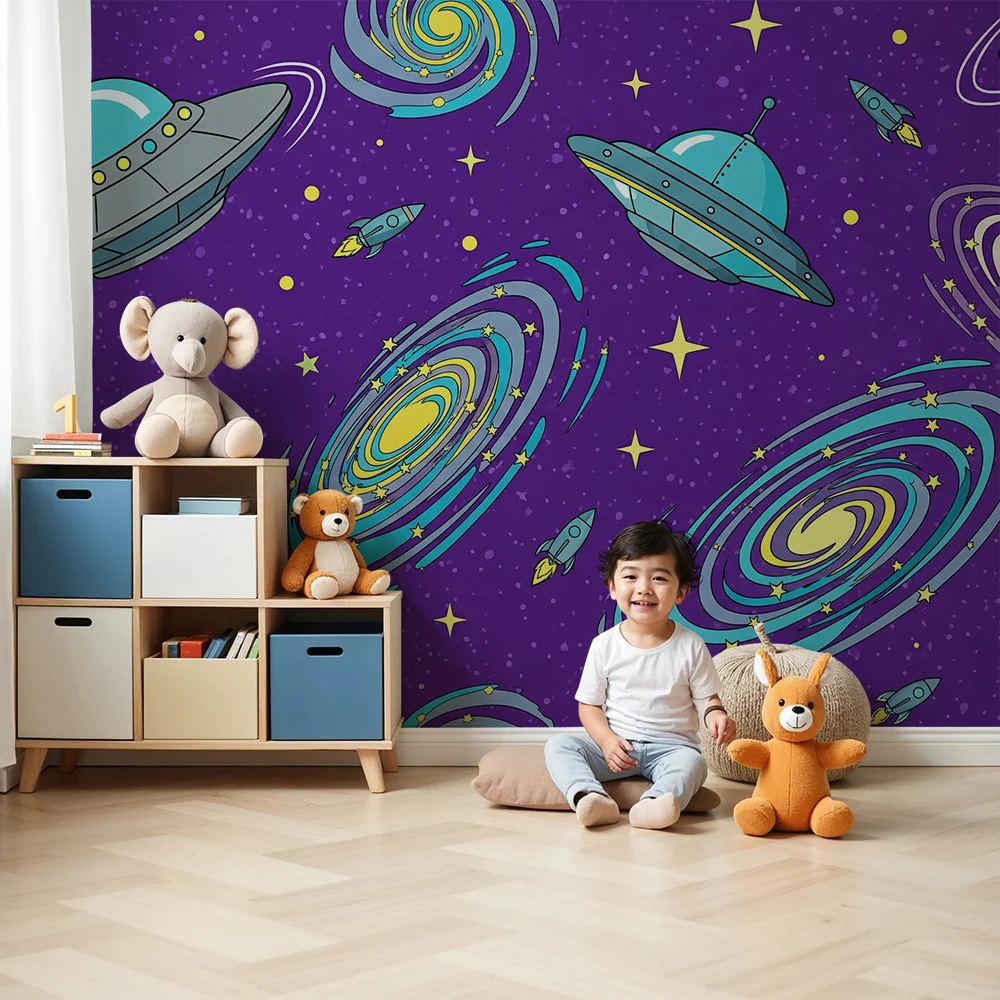 Tapeta dětského pokoje | Vesmírný svět s loděmi barevnými galaxiemi