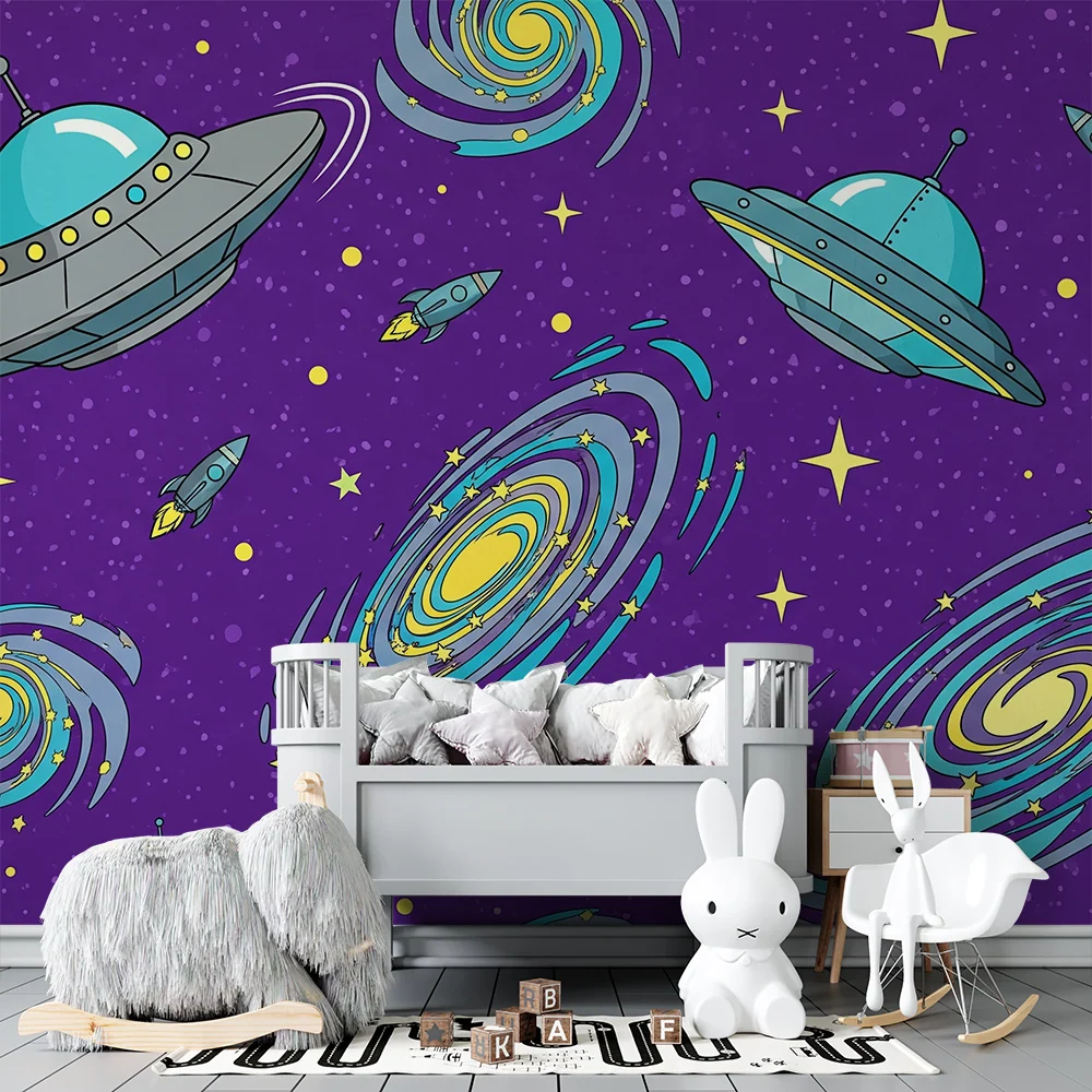 Tapeta dětského pokoje | Vesmírný svět s loděmi barevnými galaxiemi