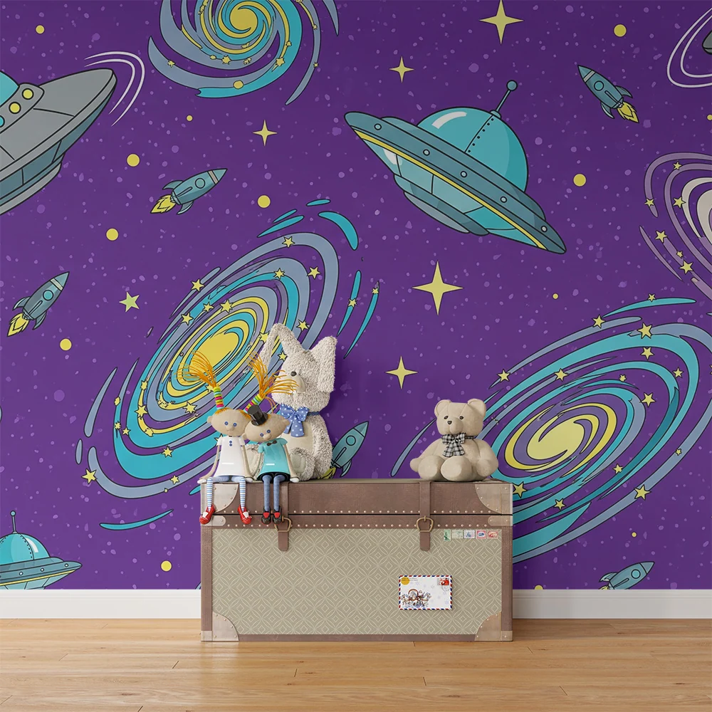 Tapeta dětského pokoje | Vesmírný svět s loděmi barevnými galaxiemi