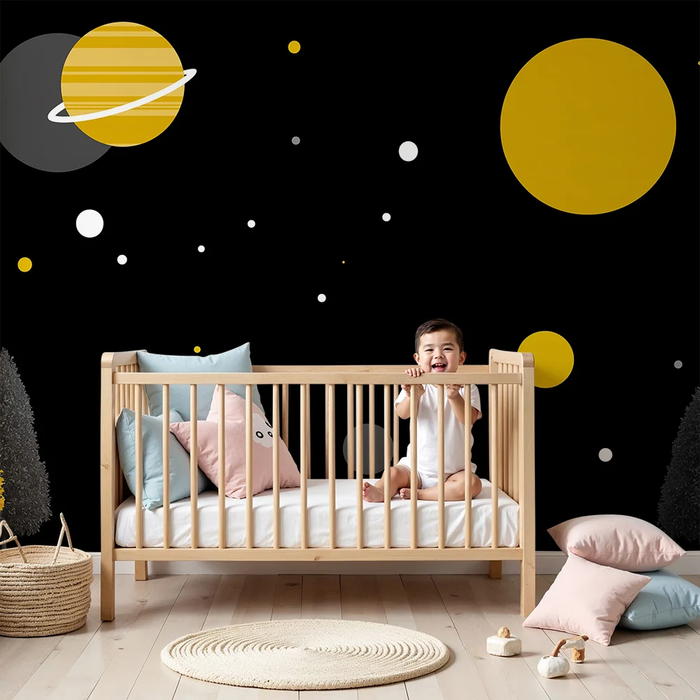 Tapeta dětského pokoje | Vesmírný svět s planetami stylizovanými stromy