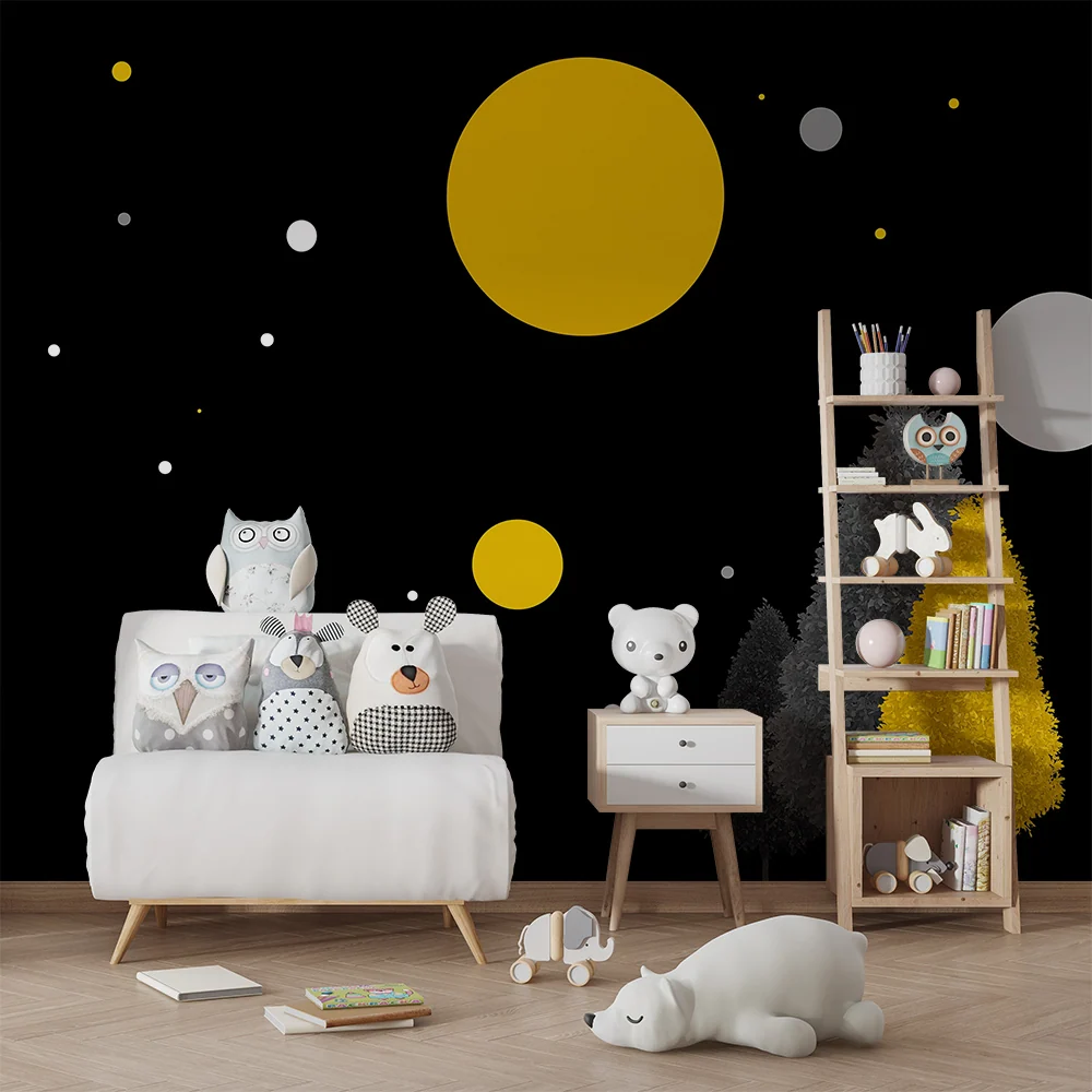 Tapeta dětského pokoje | Vesmírný svět s planetami stylizovanými stromy