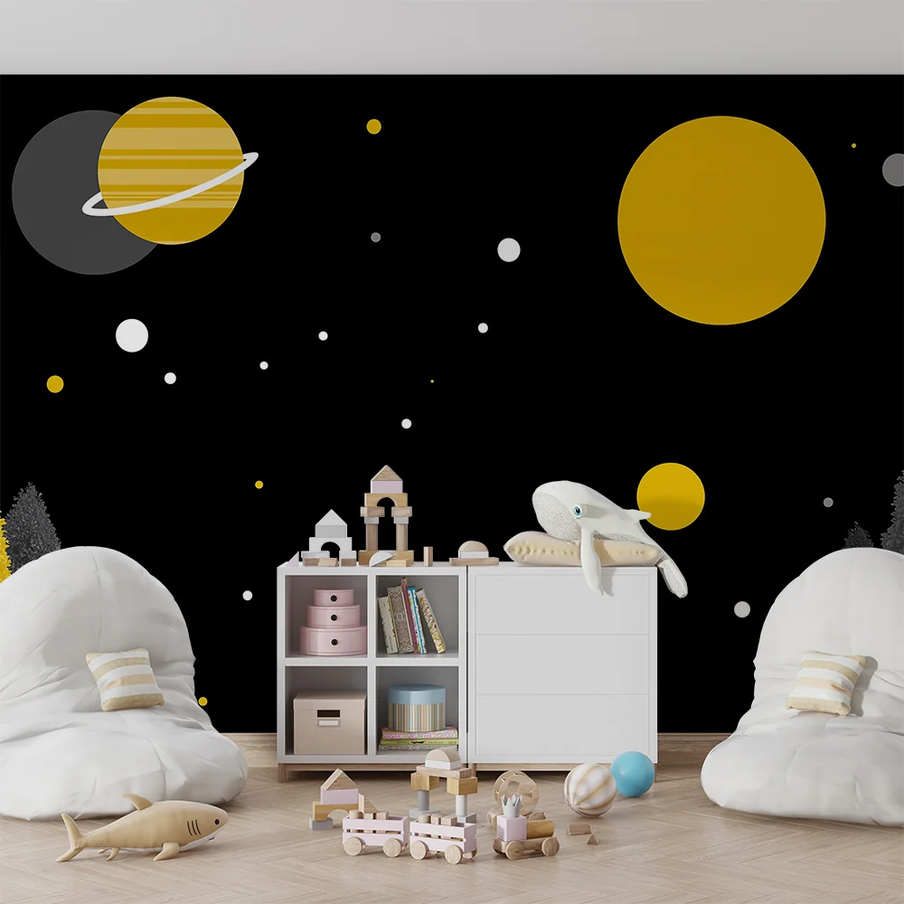 Tapeta dětského pokoje | Vesmírný svět s planetami stylizovanými stromy