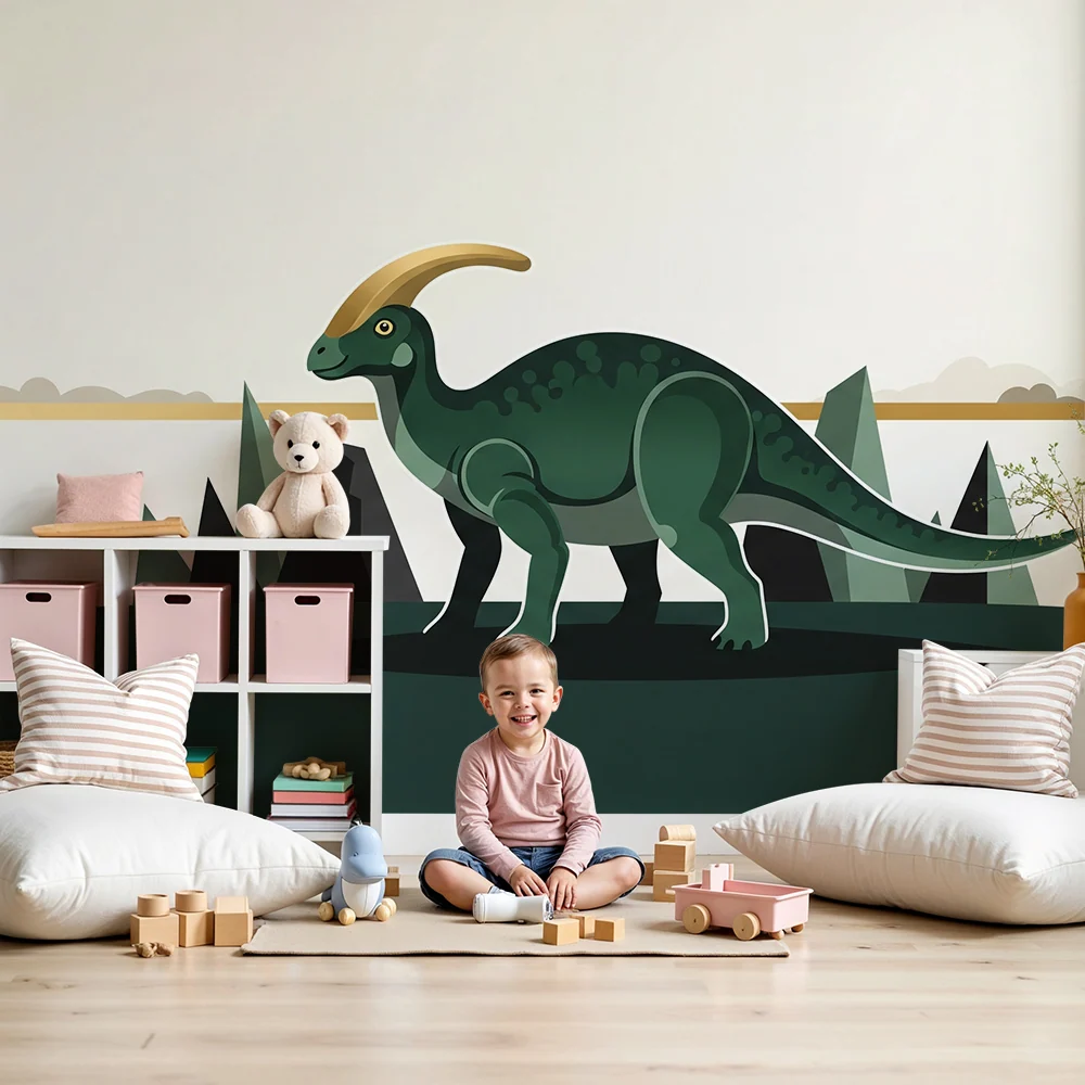 Tapeta dětského pokoje | Zelený dinosaurus stylizovaná pravěká krajina