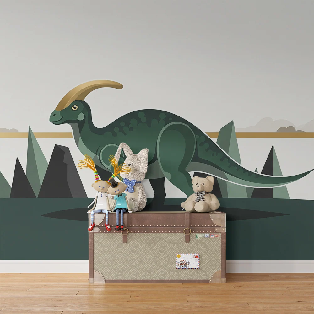 Tapeta dětského pokoje | Zelený dinosaurus stylizovaná pravěká krajina