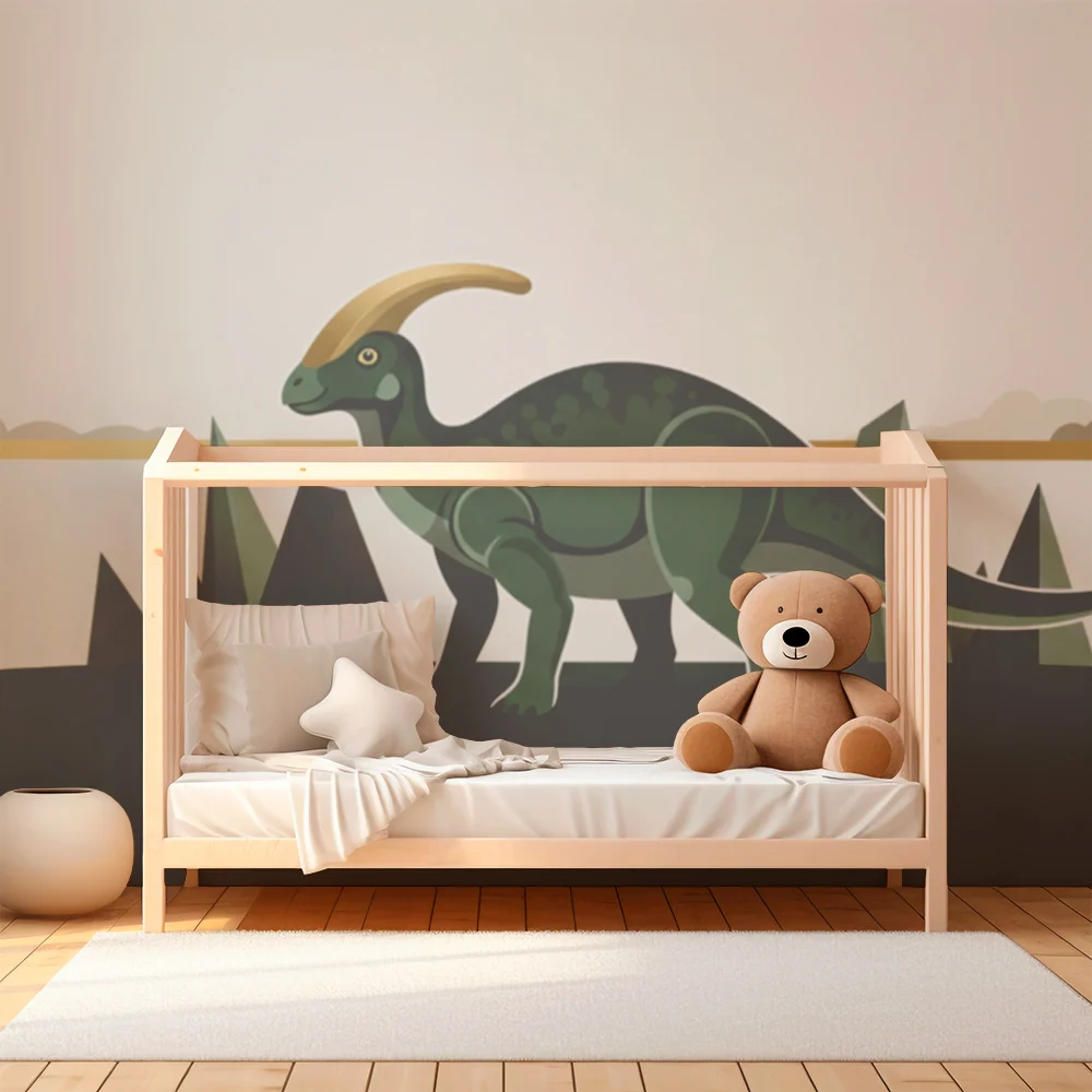 Tapeta dětského pokoje | Zelený dinosaurus stylizovaná pravěká krajina