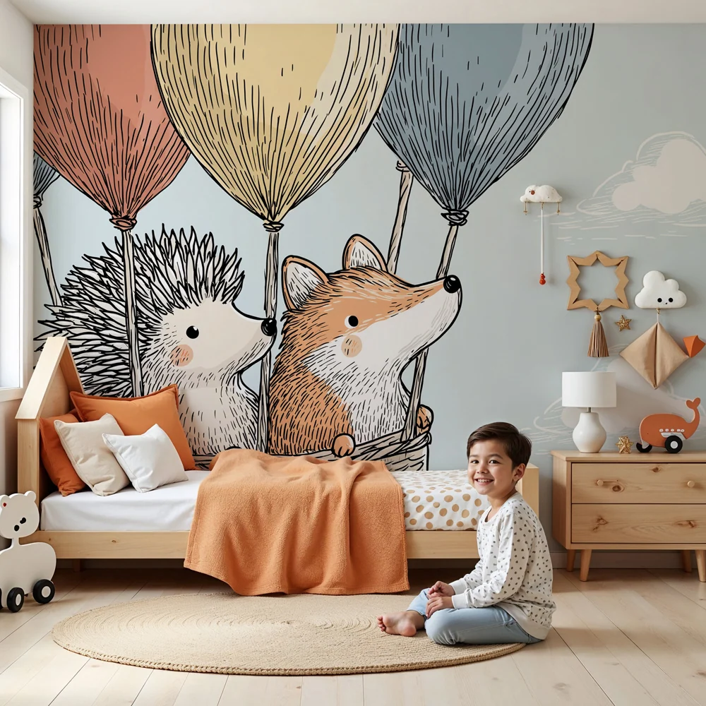 Tapeta dětského pokoje | Zvířata na balónu modré nebi