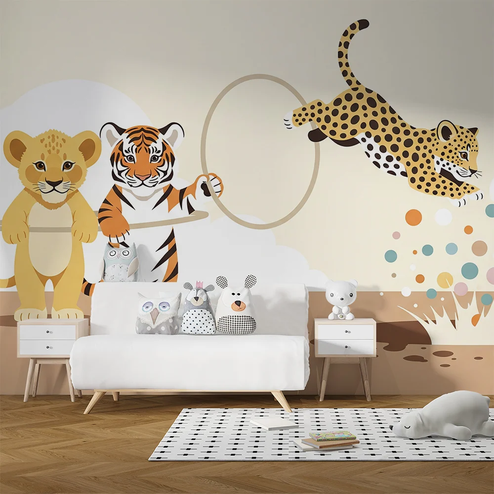 Tapeta dětského pokoje | Zvířata džungle na vystoupení s lvem, tygrem leopardem