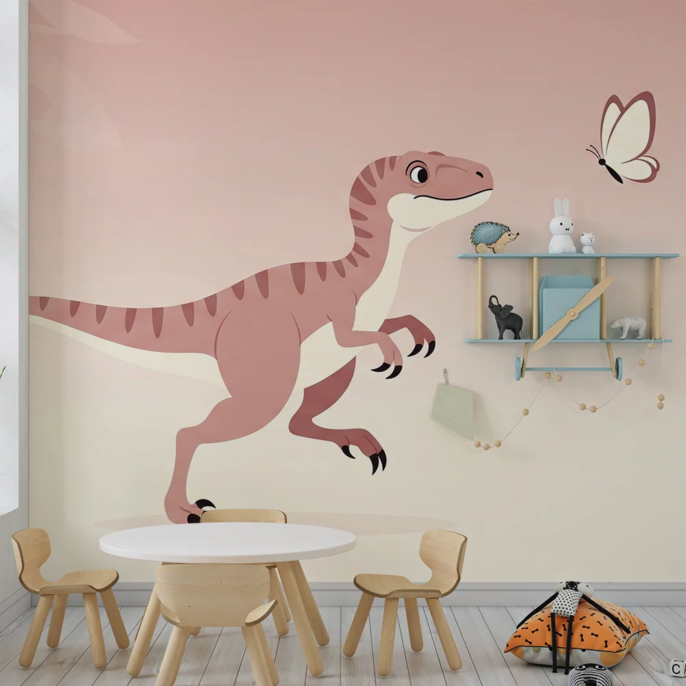 Tapeta dětského pokoje | Zvědavý dinosaurus motýl v jemném prostředí