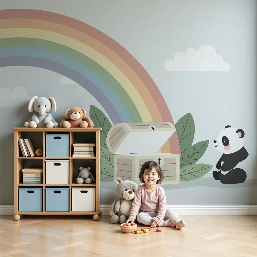 Tapeta dětského pokoje | Zvědavý panda pod duhou