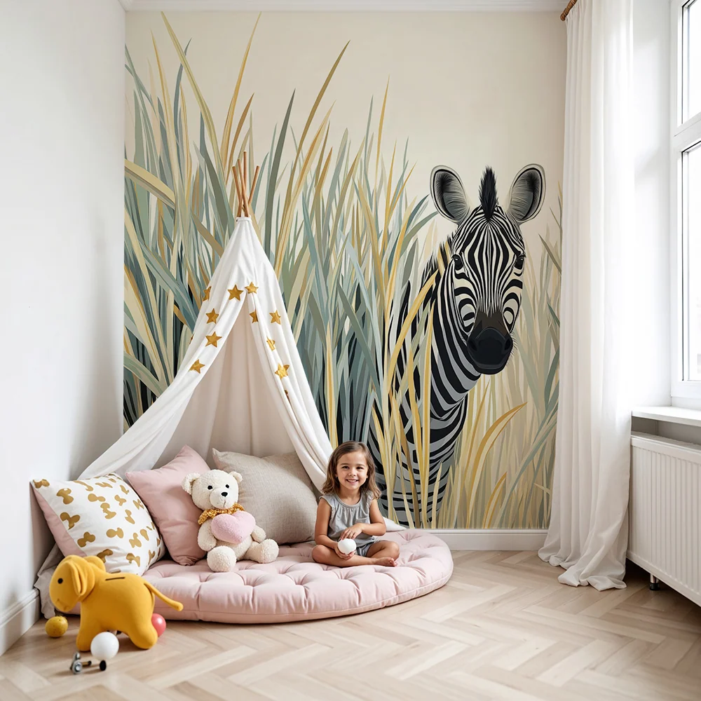 Tapeta dětského pokoje | Zvědavý zebra skrytý v zlaté trávě