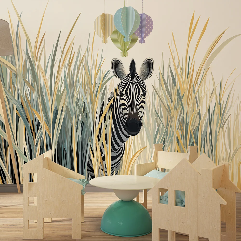 Tapeta dětského pokoje | Zvědavý zebra skrytý v zlaté trávě