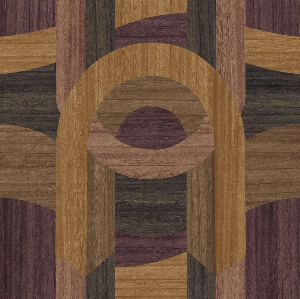 Tapeta z fornirováním s geometrickým vzorem art deco TRAVERSÉE - AUBERGINE CHÊNE tmavě hnědý dub