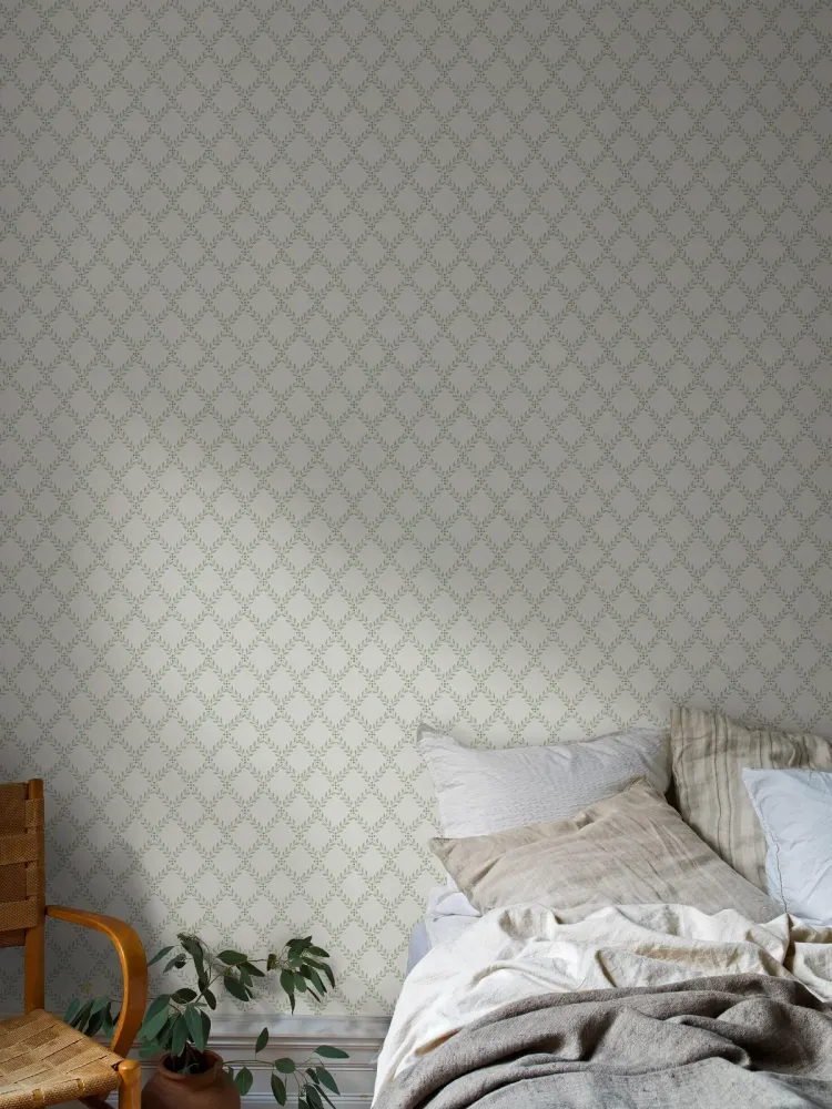 Tapeta s geometrickým rostlinným vzorem listů TRELLIS LEAVES bílá se zelenou