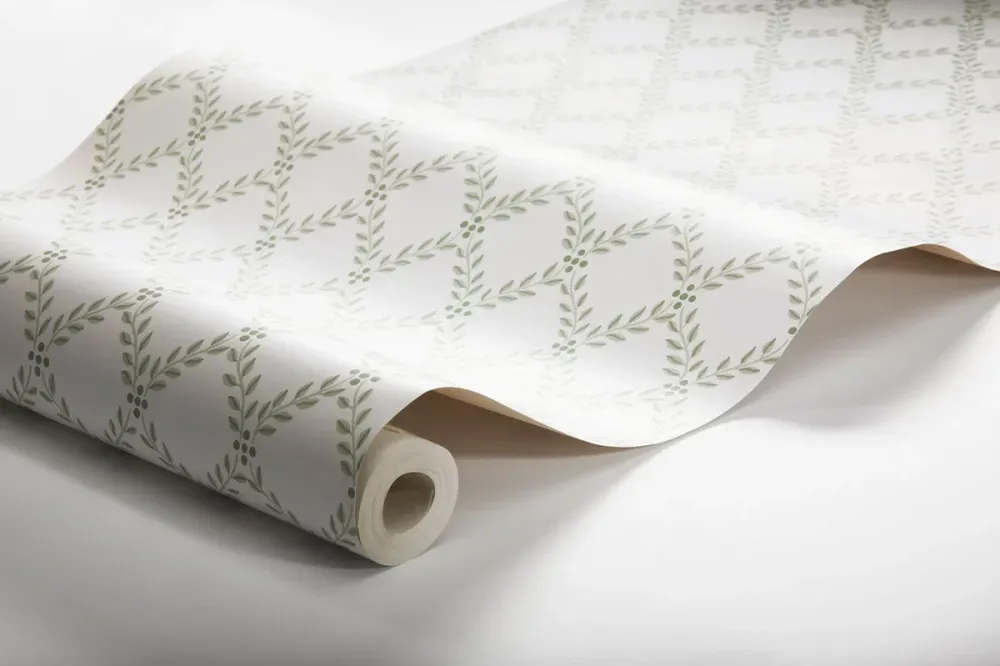 Tapeta s geometrickým rostlinným vzorem listů TRELLIS LEAVES bílá se zelenou