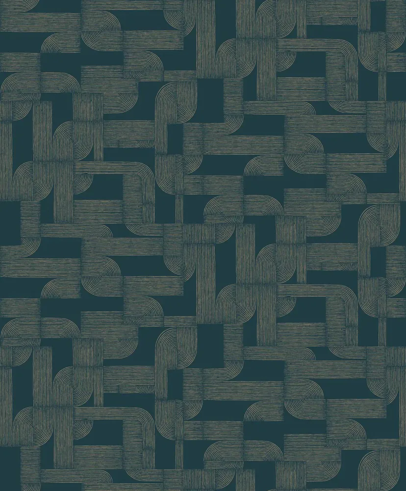 Tapeta s geometrickým vzorem HECTOR - PETROLE/DORE granátová se zlatou