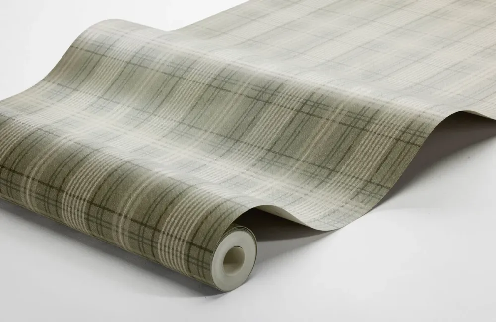 Tapeta s geometrickým vzorem v skotské kostce TAILOR’S TWEED tlumená zelená s béžovou