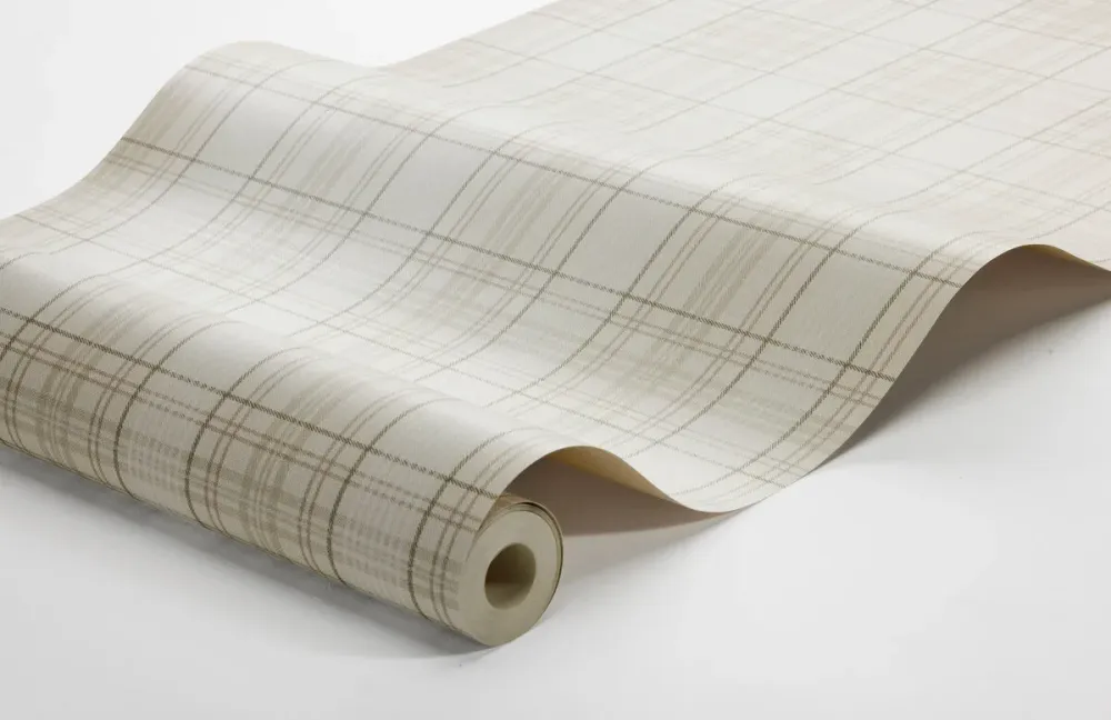 Tapeta s geometrickým vzorem ve skotské kostce TAILOR’S TWEED béžová s bílou