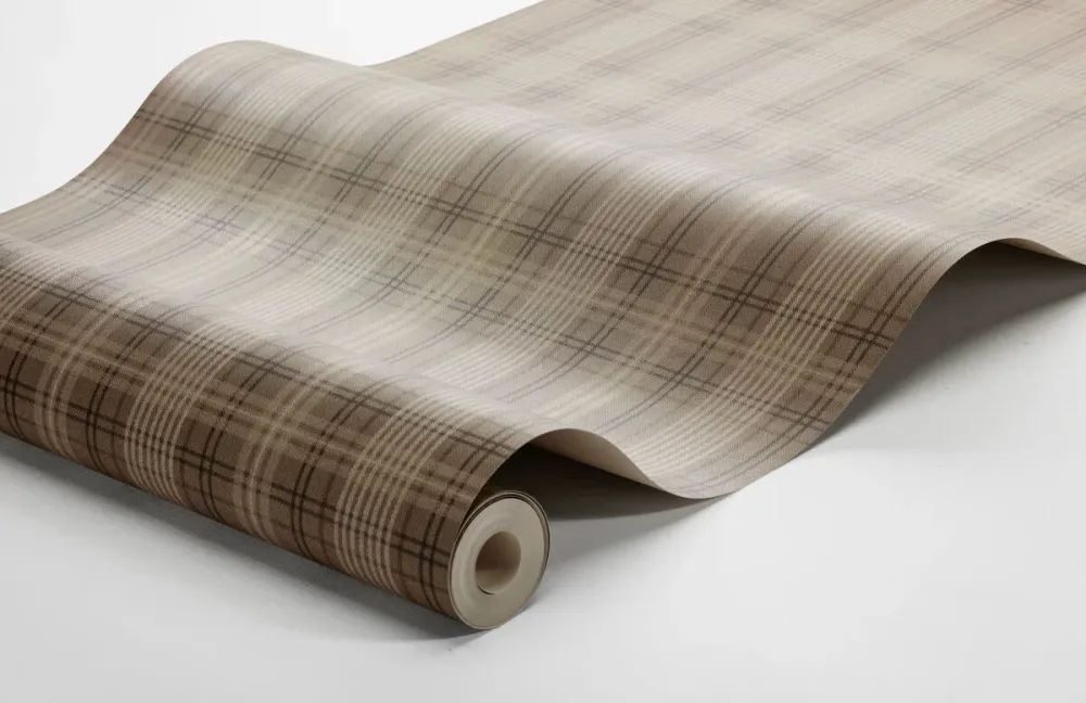Tapeta s geometrickým vzorem ve skotské kostce TAILOR’S TWEED hnědá s béžovou