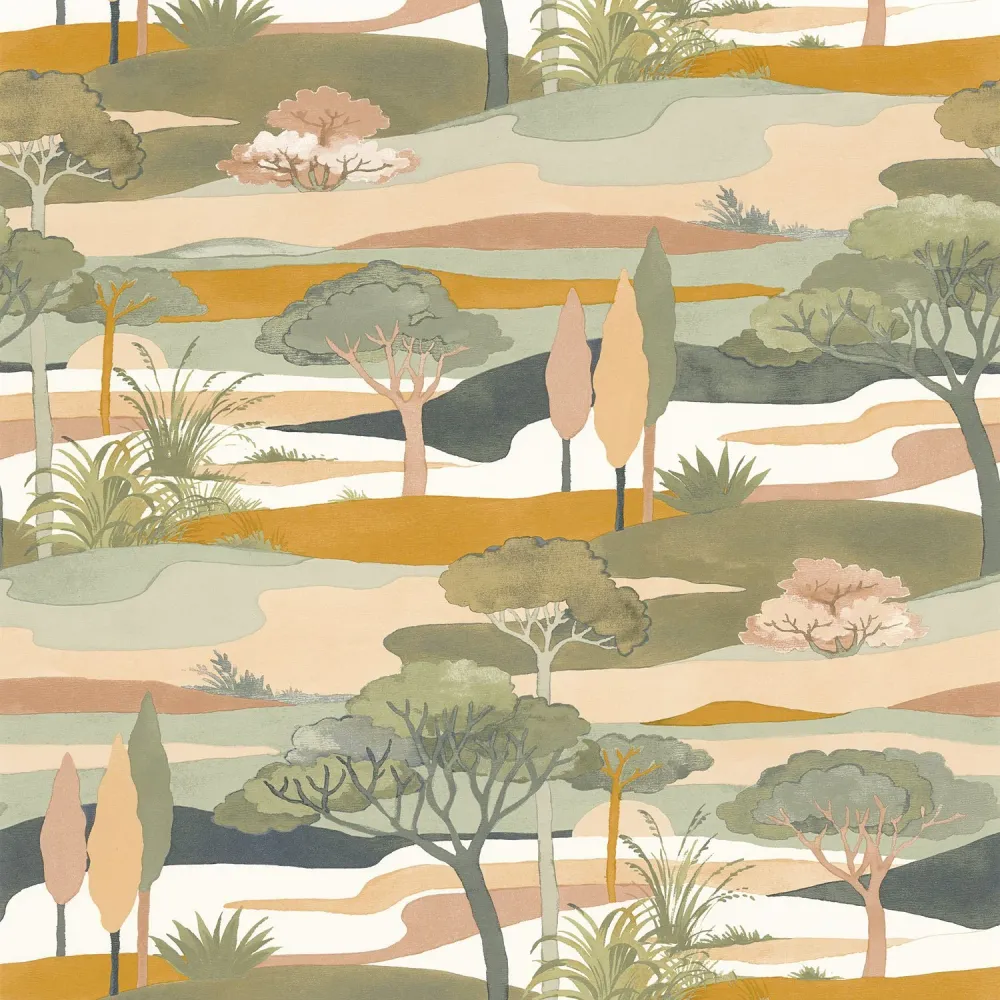 Tapeta s krajinou rostlinným motivem CAP FERRET - CÉLADON/AMBRE seledynová se zlatým