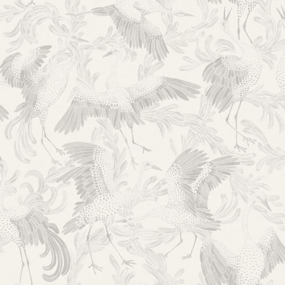 Tapeta s motivem ptáků DANCING CRANE bílá se šedou
