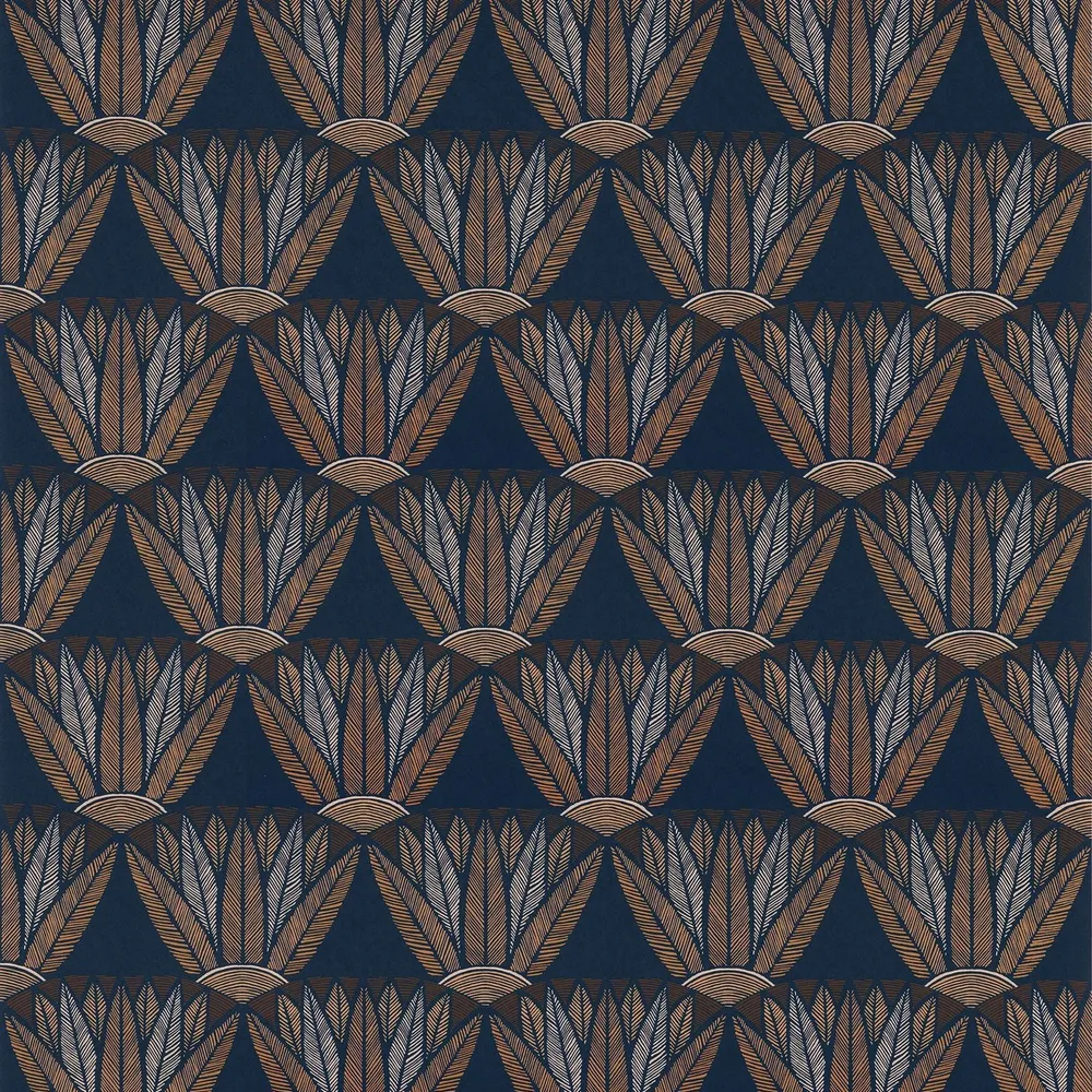 Tapeta s motivem rostlin květů lotosu CASTALIA - MARINE/TERRACOTTA modrá s terakotou