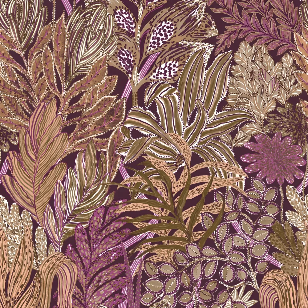 Tapeta s motivem tropických listů BORROMMEE - POURPRE/OLIVE purpurová s olivovou