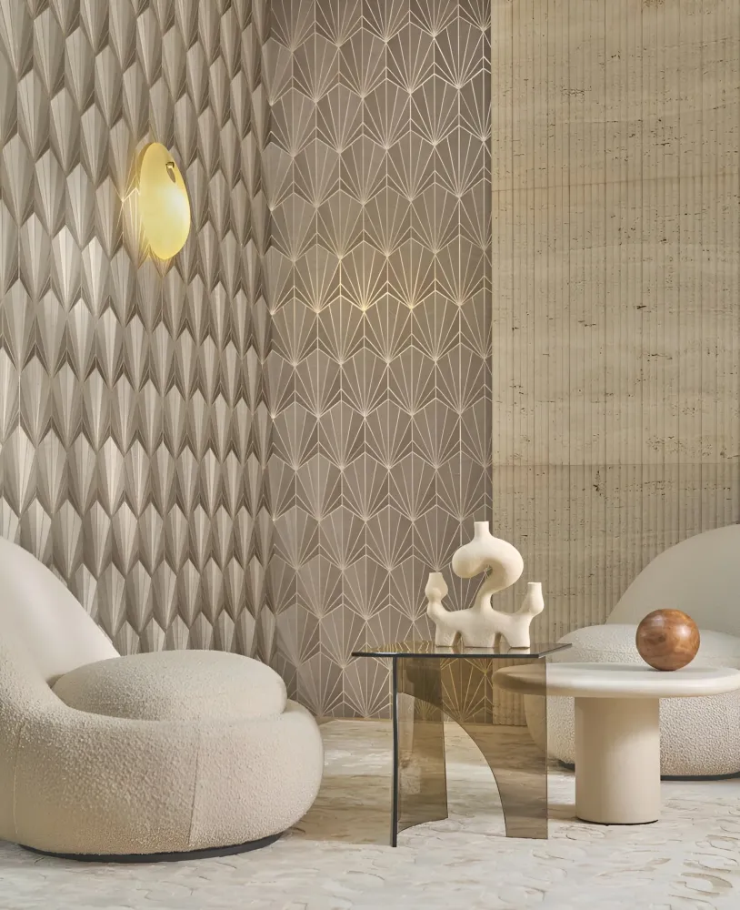 Tapeta přírodní metalická strukturovaná art deco MAJESTÉ - BEIGE SABLE OR bežová