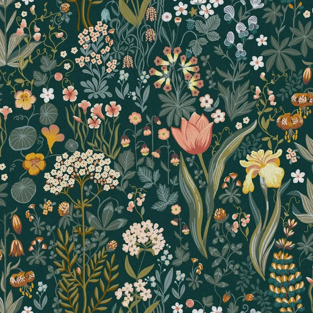 Tapeta s rostlinným motivem květin BLOMSTERHAV modrá se zelenou