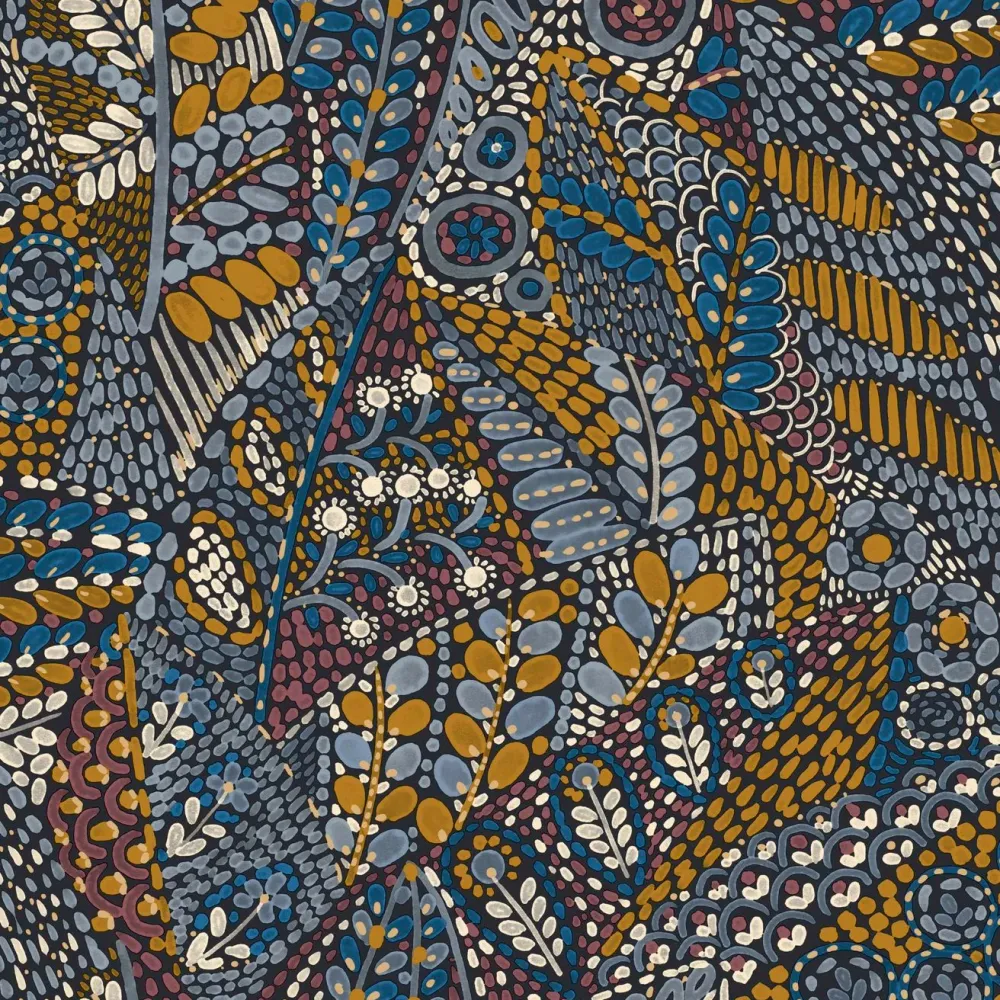 Tapeta s rostlinným motivem listů TALAVERA - MARINE OCLE modrá s oranžovou