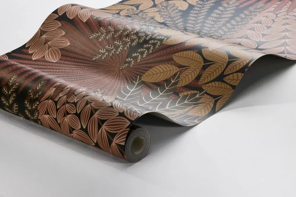Tapeta s rostlinným motivem listů VELVET LEAVES oranžová s červenou
