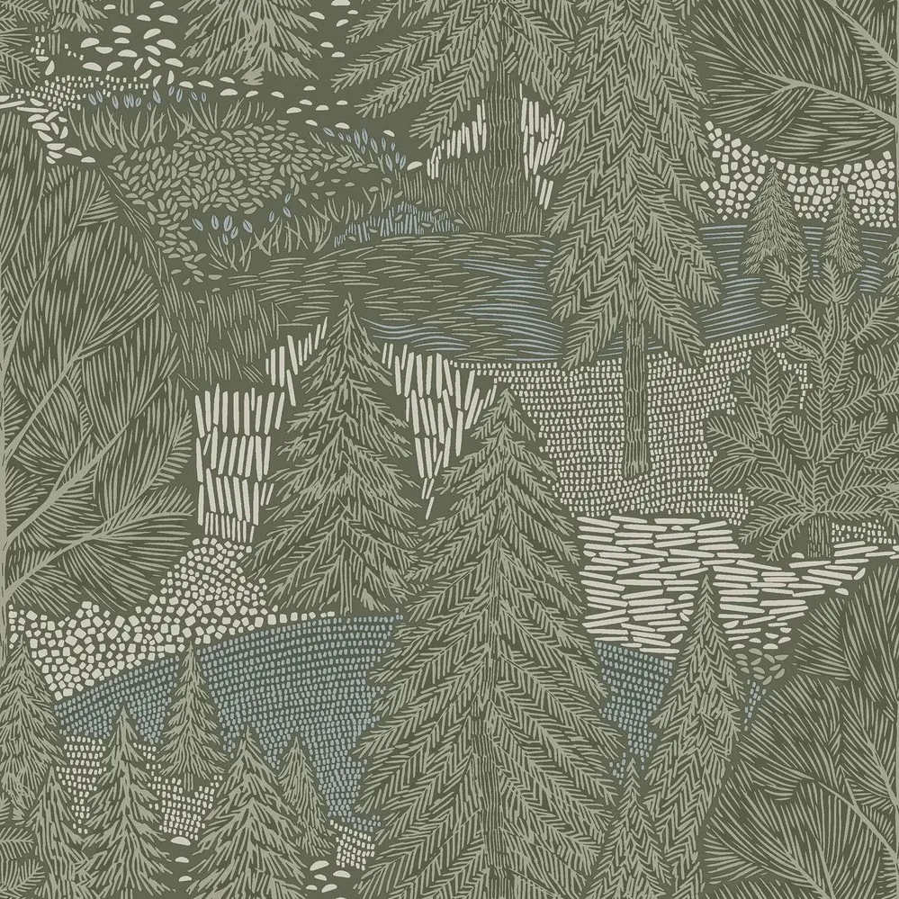 Tapeta s rostlinným motivem stromů NORTHERN FOREST tlumená zelená