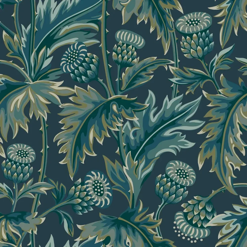 Tapeta s rostlinným motivem TREASURED THISTLE granátová se zelenou