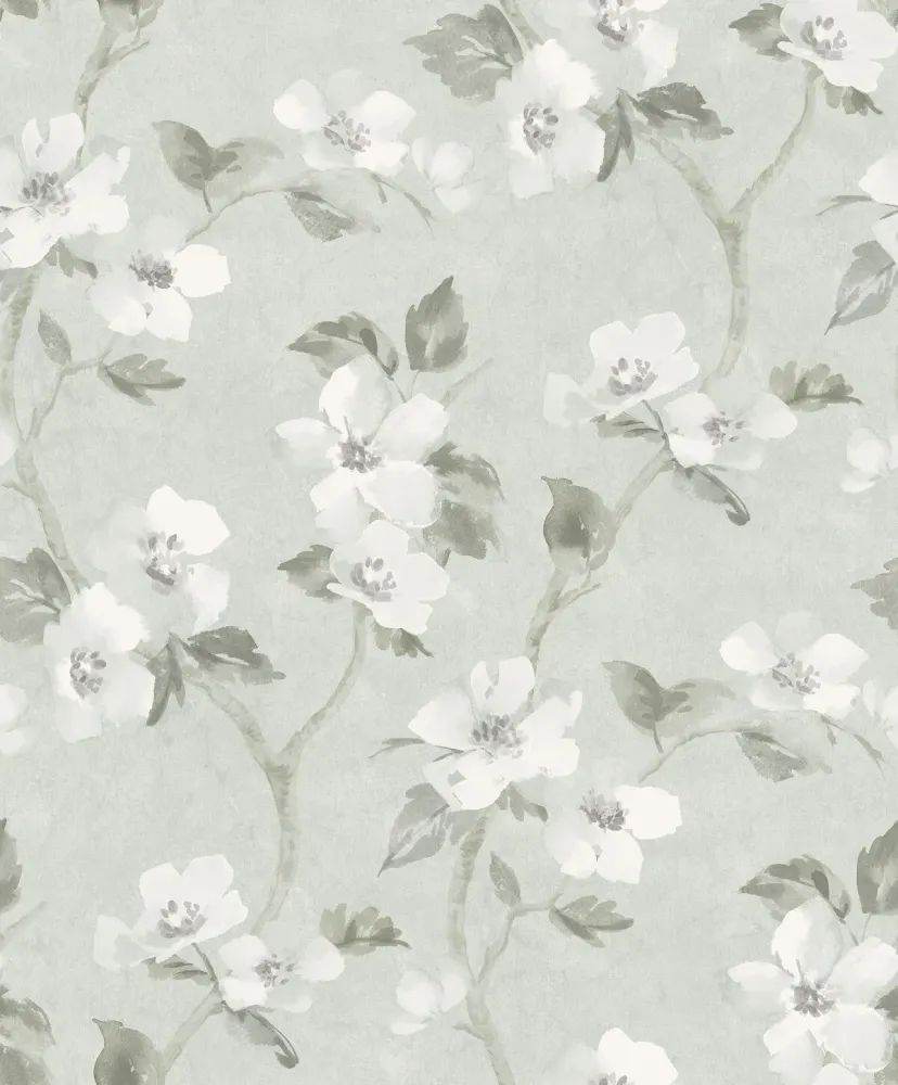 Tapeta s rostlinným vzorem květin HELEN’S FLOWER šedozelená s bílou