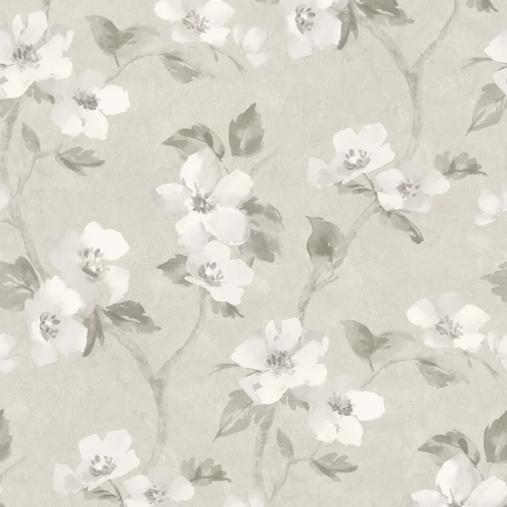 Tapeta s rostlinným vzorem květin HELEN’S FLOWER šedobéžová s bílou