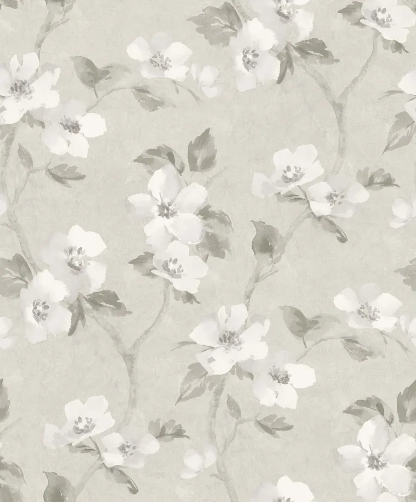 Tapeta s rostlinným vzorem květin HELEN’S FLOWER šedobéžová s bílou