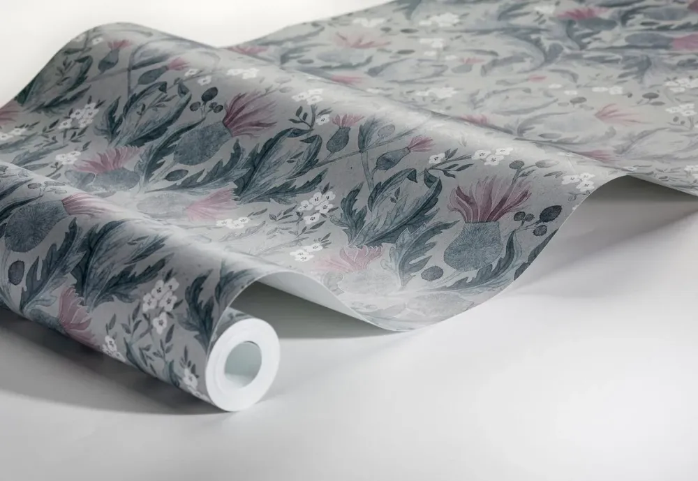 Tapeta s rostlinným vzorem listů THISTLE ztlumená modrá s růžovou