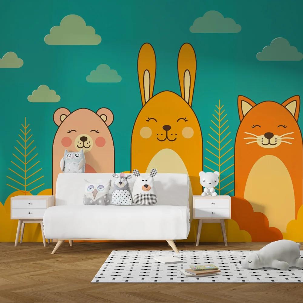 Tapeta s roztomilými zvířaty | Barevná veselá ilustrace