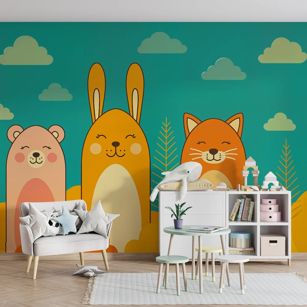Tapeta s roztomilými zvířaty | Barevná veselá ilustrace
